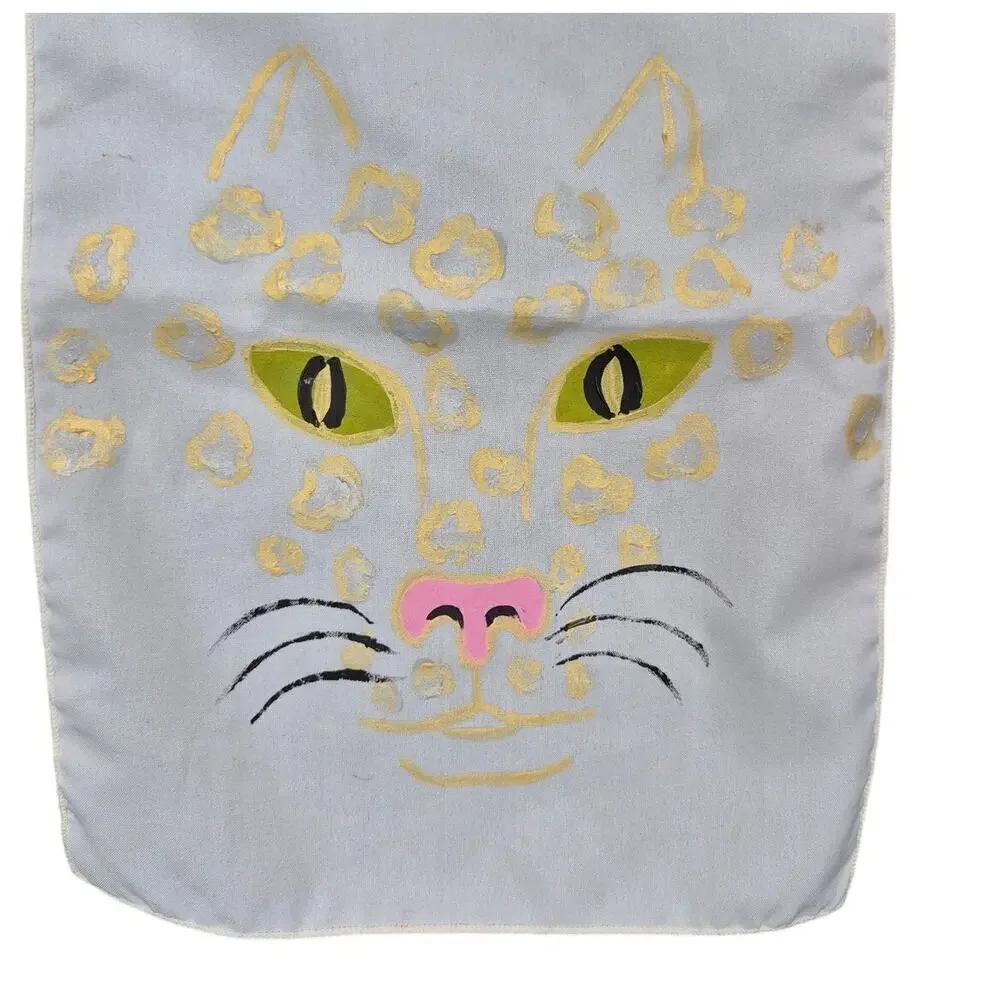 vintage White Hand Painted Kitty Cat Leopard Scarf 1970s Acetate 53